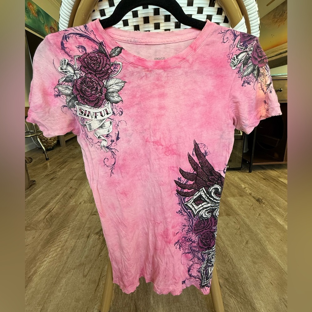 Vintage Y2K Affliction + Sinful Pink Graphic Crystal Studded Women's Top Small